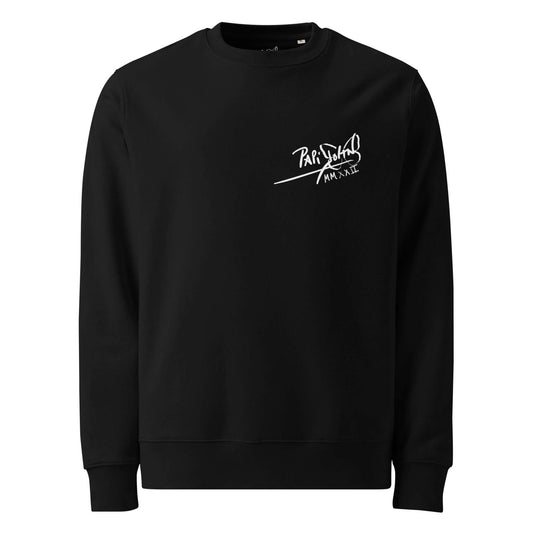 Front view of the SALA 9 | Skull Butterfly Graff | Noir Premium Eco Canvas Crew in black by PapiJohn®. Featuring a minimalist signature icon graphic on the left chest by $arah Free 💎. High-end conscious luxury eco streetwear de autor curated in Cadifornia.
