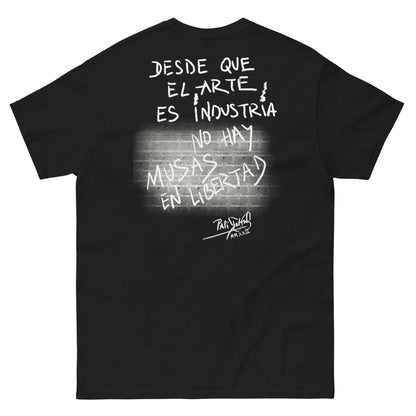 Back view showing the structured black canvas t-shirt silhouette and relaxed architectural drape of the SALA 9 | El Arte es Industria | Noir Manifesto by PapiJohn®. Gallery archive piece, honest luxury apparel, and conceptual wearable art curated in Cadifornia by $arah Free 💎.