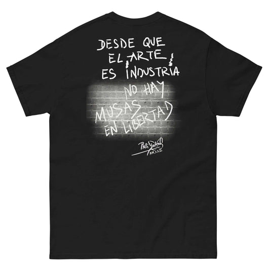 Back view showing the structured black canvas t-shirt silhouette and relaxed architectural drape of the SALA 9 | El Arte es Industria | Noir Manifesto by PapiJohn®. Gallery archive piece, honest luxury apparel, and conceptual wearable art curated in Cadifornia by $arah Free 💎.