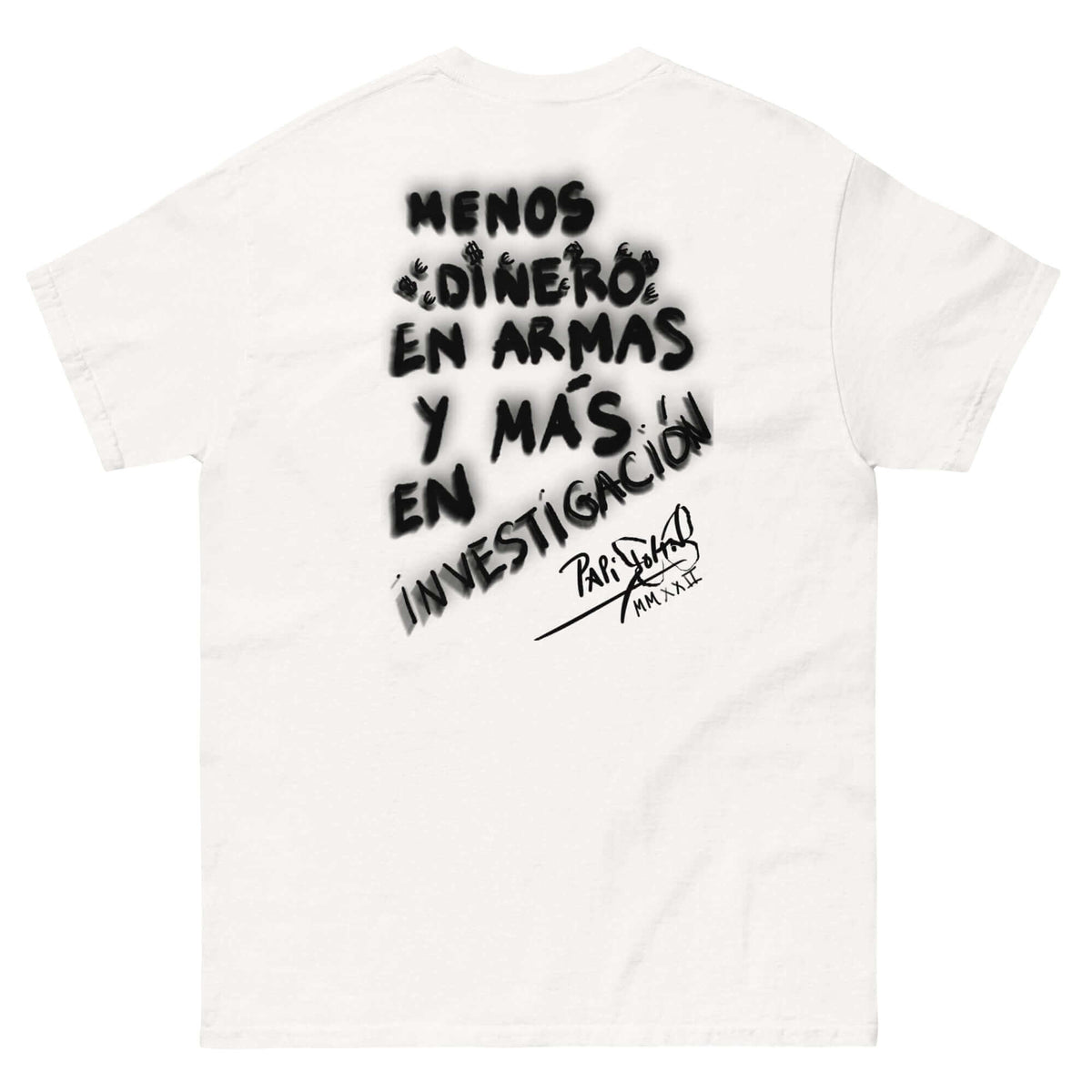 Back view showing the structured white canvas t-shirt silhouette and clean drape of the SALA 9 | Sentencias | The Research Manifesto (White) by PapiJohn®. Gallery archive piece, honest luxury apparel, and conceptual wearable art curated in Cadifornia by $arah Free 💎.