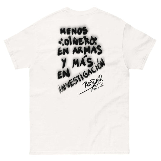 Back view showing the structured white canvas t-shirt silhouette and clean drape of the SALA 9 | Sentencias | The Research Manifesto (White) by PapiJohn®. Gallery archive piece, honest luxury apparel, and conceptual wearable art curated in Cadifornia by $arah Free 💎.