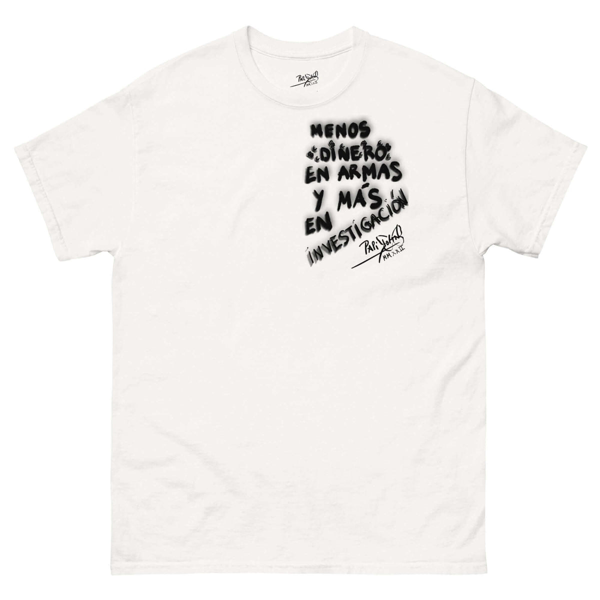Front view of the SALA 9 | Sentencias | The Research Manifesto (White) Canvas Tee by PapiJohn®. Featuring high-contrast black graffiti 3D typography artwork on pure white heavy canvas by $arah Free 💎. High-end intellectual streetwear de autor curated in Cadifornia.