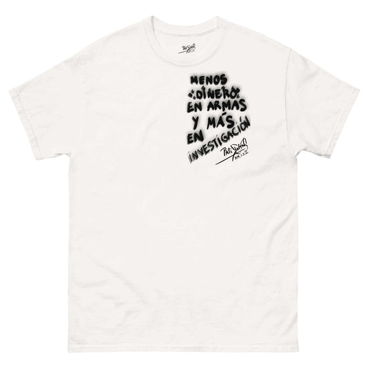 Front view of the SALA 9 | Sentencias | The Research Manifesto (White) Canvas Tee by PapiJohn®. Featuring high-contrast black graffiti 3D typography artwork on pure white heavy canvas by $arah Free 💎. High-end intellectual streetwear de autor curated in Cadifornia.