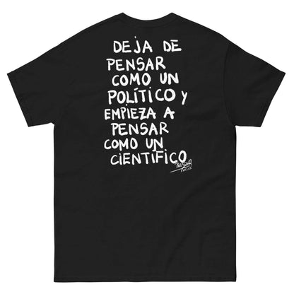 Back view showing the structured black canvas t-shirt silhouette and clean drape of the SALA 9 | Sentencias | The Scientist Manifesto (Black) by PapiJohn®. Gallery archive piece, honest luxury apparel, and conceptual wearable art curated in Cadifornia by $arah Free 💎.