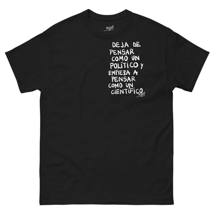 Front view of the SALA 9 | Sentencias | The Scientist Manifesto (Black) Canvas Tee by PapiJohn®. Featuring raw white spray graffiti typography artwork on heavy black canvas by $arah Free 💎. High-end intellectual streetwear de autor curated in Cadifornia.