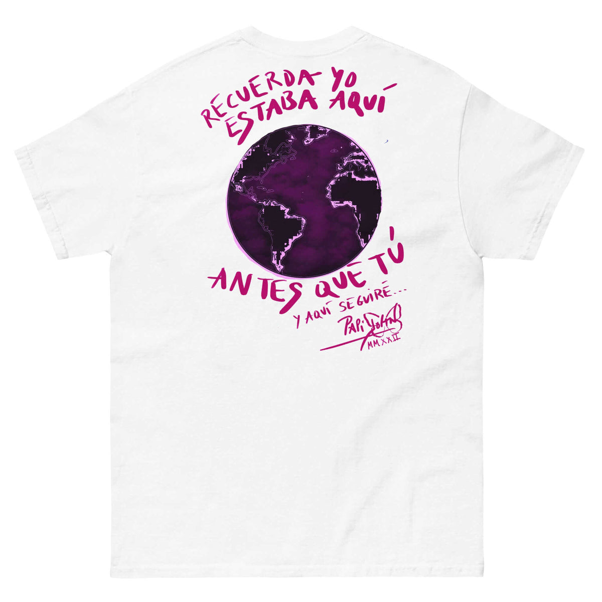 PapiJohn® 🏛️ SALA 9 | TIERRA ETERNA | CORE MESSAGE CANVAS — Back view showing the high-density cotton t-shirt silhouette and clean architectural drape of the White Canvas Tee by $arah Free 💎. Gallery archive piece, honest luxury apparel, and wearable art curated in Cadifornia.