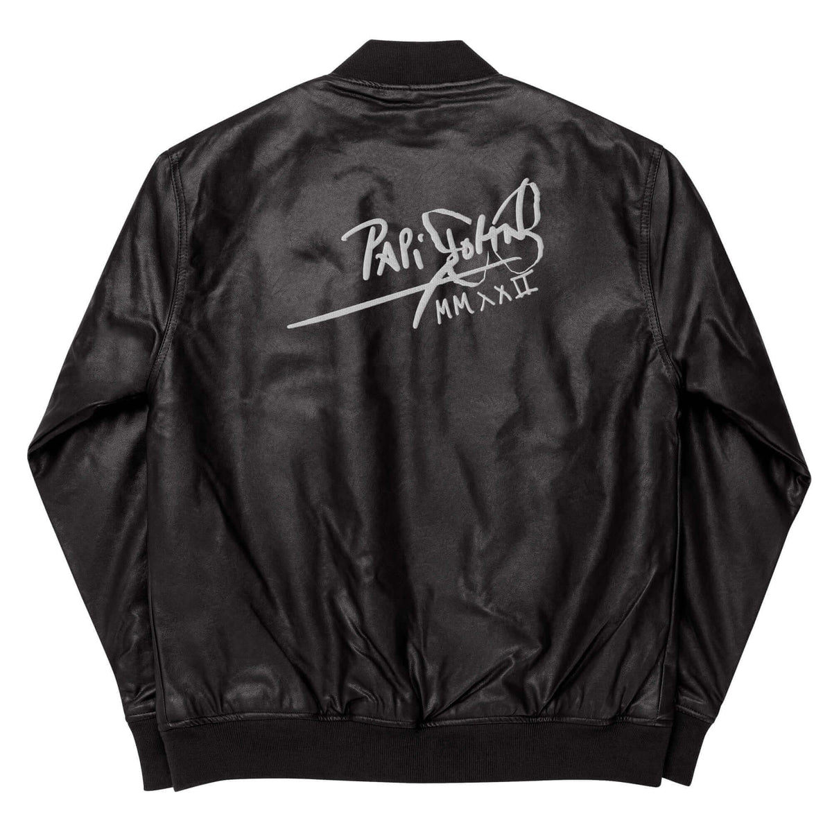 PapiJohn® 🏛️ Sala 9 | Vegan Leather Bomber | The Core Armor — Back view featuring the full-size embroidered PapiJohn® classic signature graphic across high-grade vegan leather by $arah Free 💎. Gallery archive piece, conscious luxury outerwear, and wearable art curated in Cadifornia.