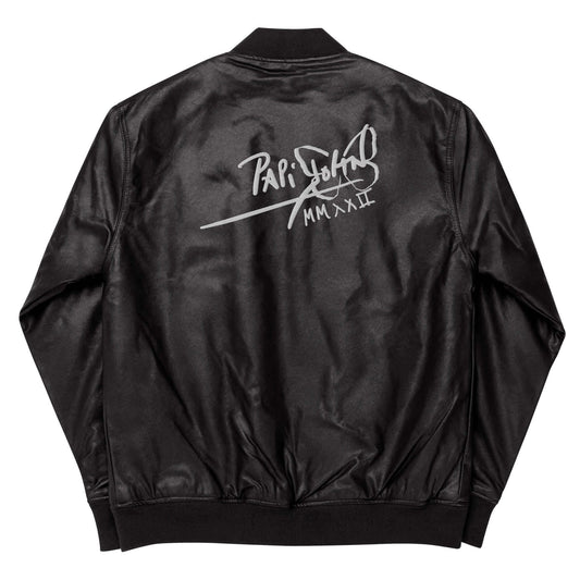 PapiJohn® 🏛️ Sala 9 | Vegan Leather Bomber | The Core Armor — Back view featuring the full-size embroidered PapiJohn® classic signature graphic across high-grade vegan leather by $arah Free 💎. Gallery archive piece, conscious luxury outerwear, and wearable art curated in Cadifornia.