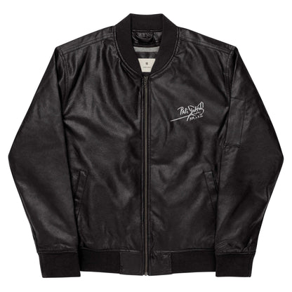 PapiJohn® 🏛️ Sala 9 | Vegan Leather Bomber | The Core Armor — Front view showing the structured black vegan leather bomber jacket silhouette with embroidered PapiJohn® classic signature logo on the left chest by $arah Free 💎. High-end conscious luxury streetwear de autor curated in Cadifornia.