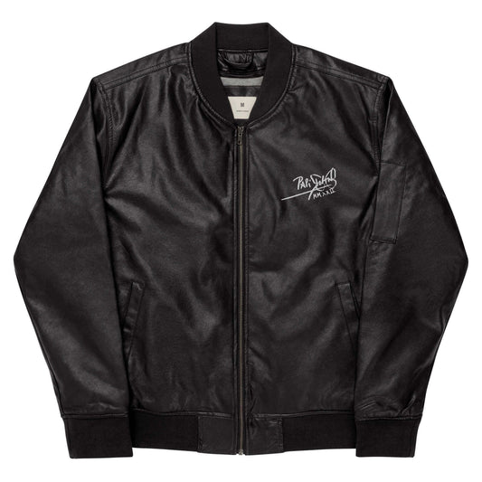PapiJohn® 🏛️ Sala 9 | Vegan Leather Bomber | The Core Armor — Front view showing the structured black vegan leather bomber jacket silhouette with embroidered PapiJohn® classic signature logo on the left chest by $arah Free 💎. High-end conscious luxury streetwear de autor curated in Cadifornia.