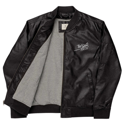 PapiJohn® 🏛️ Sala 9 | Vegan Leather Bomber | The Core Armor — Open front view revealing the premium inner lining structure, custom metal hardware, and tailored interior finish of the vegan leather bomber jacket by $arah Free 💎. High-end conscious luxury streetwear de autor curated in Cadifornia.