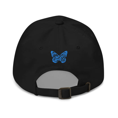 PapiJohn® The Signature Blue Butterfly Crown back layout tracing the clean panel stitching alignment and high-tier adjustable slide buckle component for precise structural fit | Artist-Led Streetwear