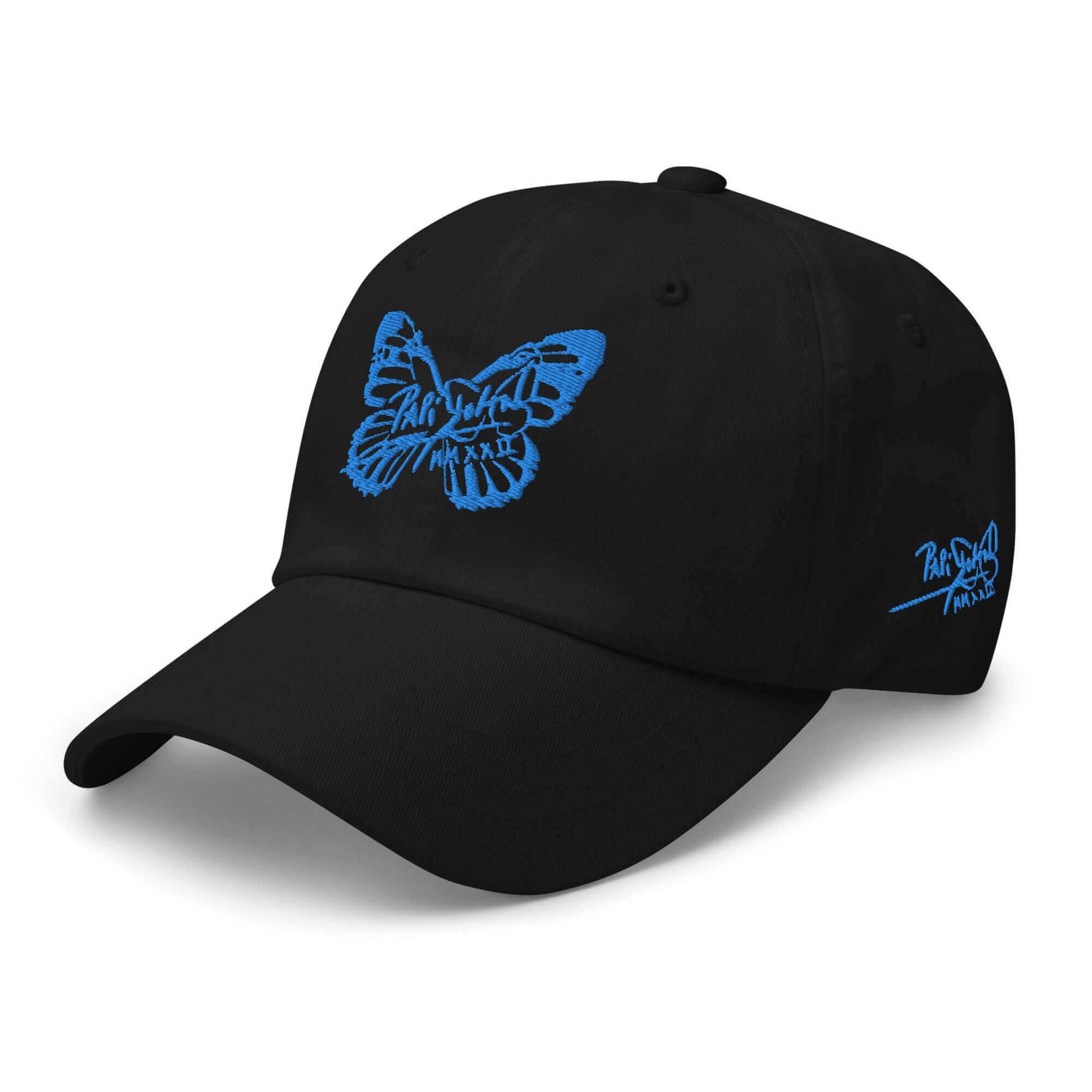 PapiJohn® The Signature Blue Butterfly Crown macro close-up rendering the dense stitching precision and clean definition of the blue thread signature butterfly design by $arah Free 💎 | High-Tier Archive Artifact
