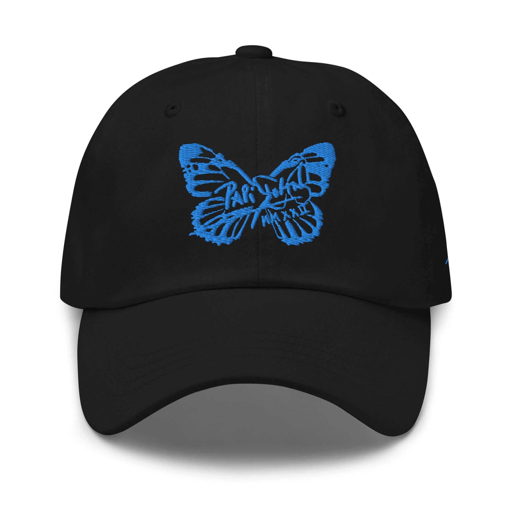 PapiJohn® The Signature Blue Butterfly Crown low-profile structural canvas front view showcasing the custom signature butterfly beautifully embroidered in heavy vibrant blue thread | Sala 1 Wearable Art Fashion