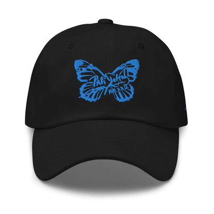 PapiJohn® The Signature Blue Butterfly Crown low-profile structural canvas front view showcasing the custom signature butterfly beautifully embroidered in heavy vibrant blue thread | Sala 1 Wearable Art Fashion