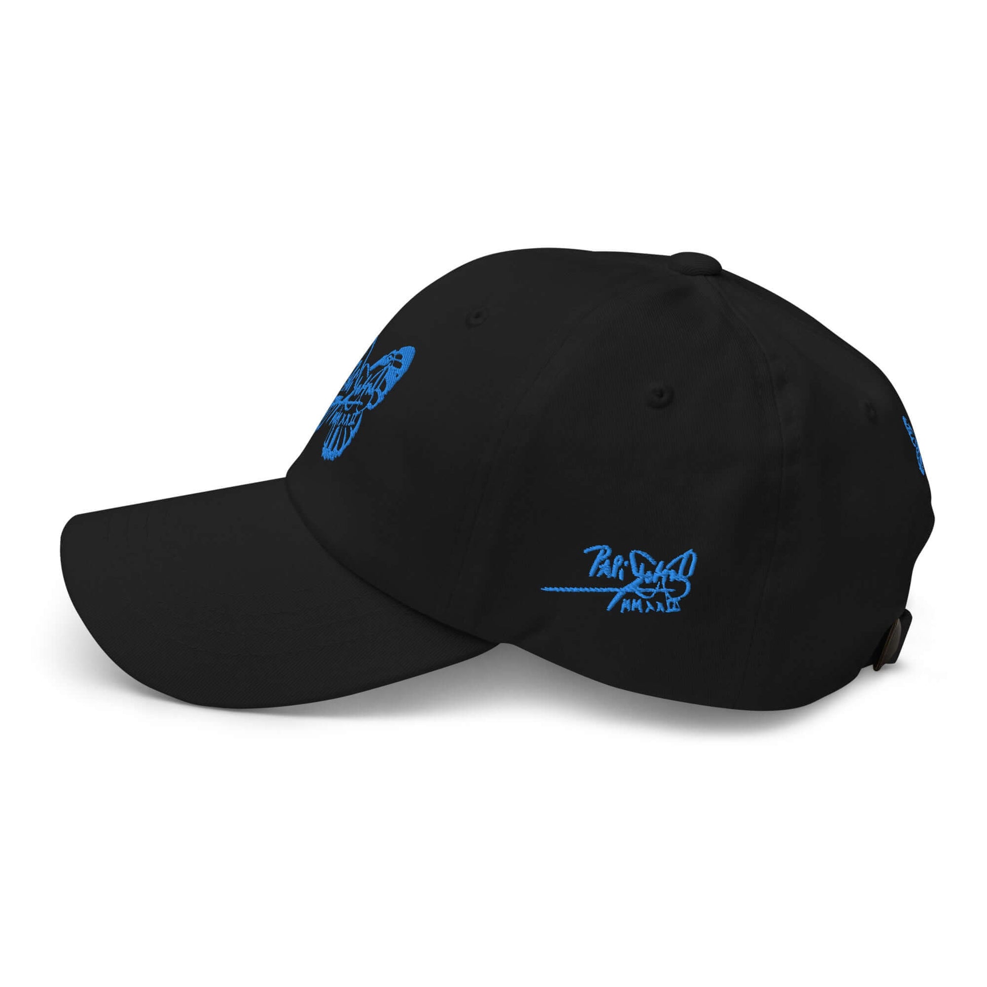 PapiJohn® The Signature Blue Butterfly Crown left side view focusing on the streamlined low-profile crown architecture and classic curved brim contour edge lines | Streetwear d'Auteur