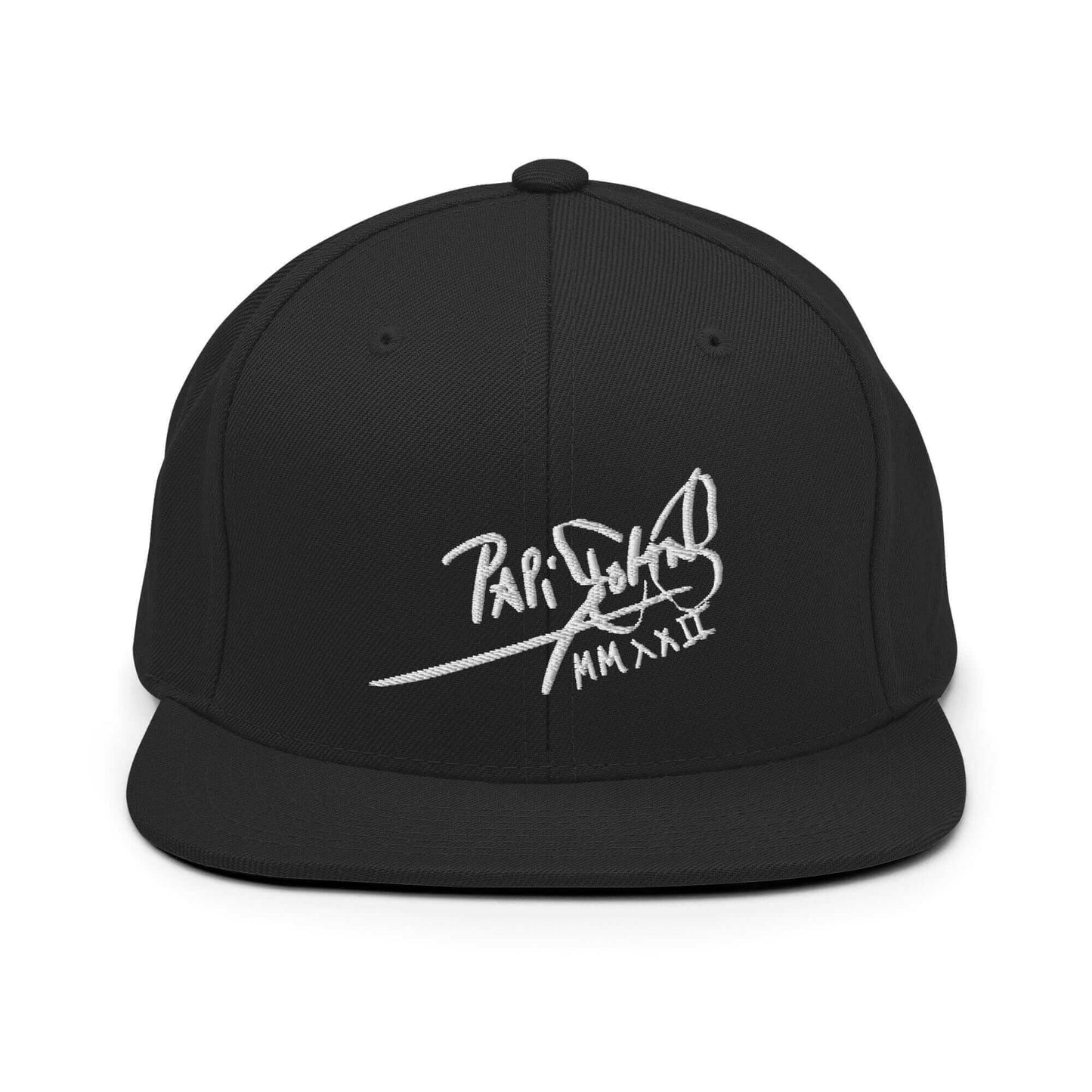 PapiJohn® The Signature High-Crown Snapback premium headwear front view showcasing the crisp white embroidered original signature on a structured solid black wool blend profile by $arah Free 💎 | Artist-Led Streetwear