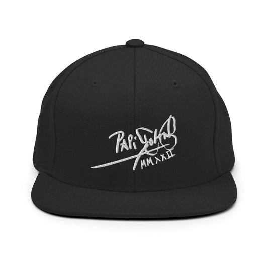 PapiJohn® The Signature High-Crown Snapback premium headwear front view showcasing the crisp white embroidered original signature on a structured solid black wool blend profile by $arah Free 💎 | Artist-Led Streetwear