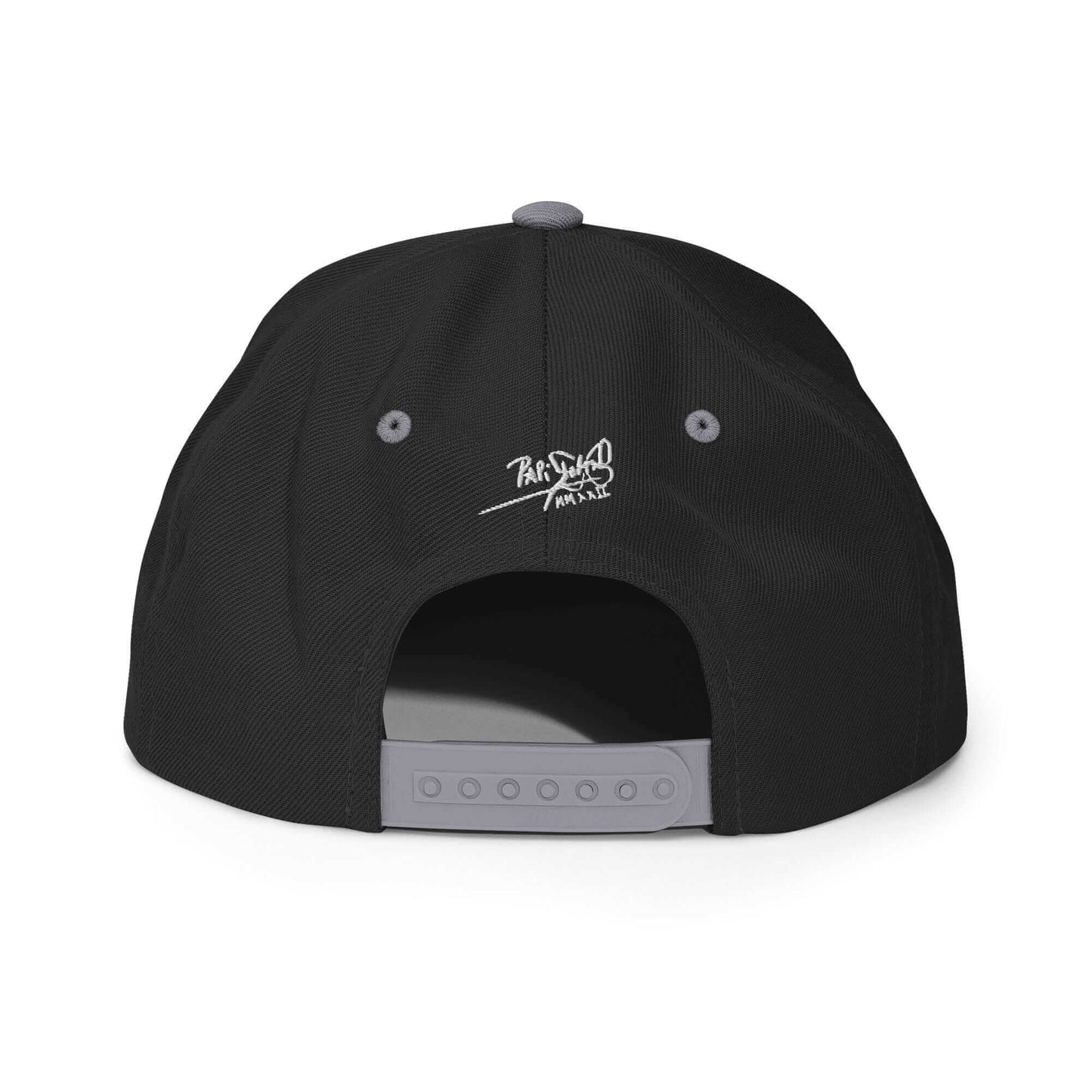 PapiJohn® The Signature High-Crown Snapback premium headwear back view detailing the custom adjustable snap closure on a black wool blend structure by $arah Free 💎 | Artist-Driven Streetwear