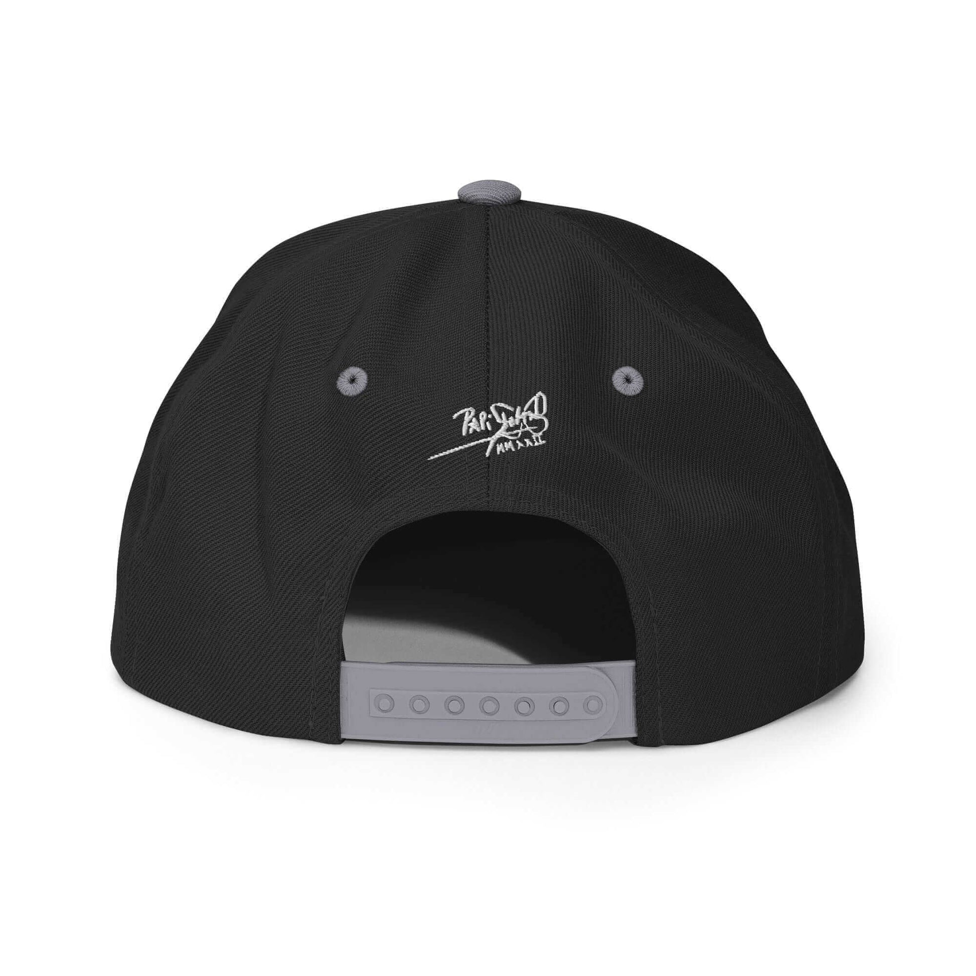 PapiJohn® The Signature High-Crown Snapback premium headwear back view detailing the custom adjustable snap closure on a black wool blend structure by $arah Free 💎 | Artist-Driven Streetwear