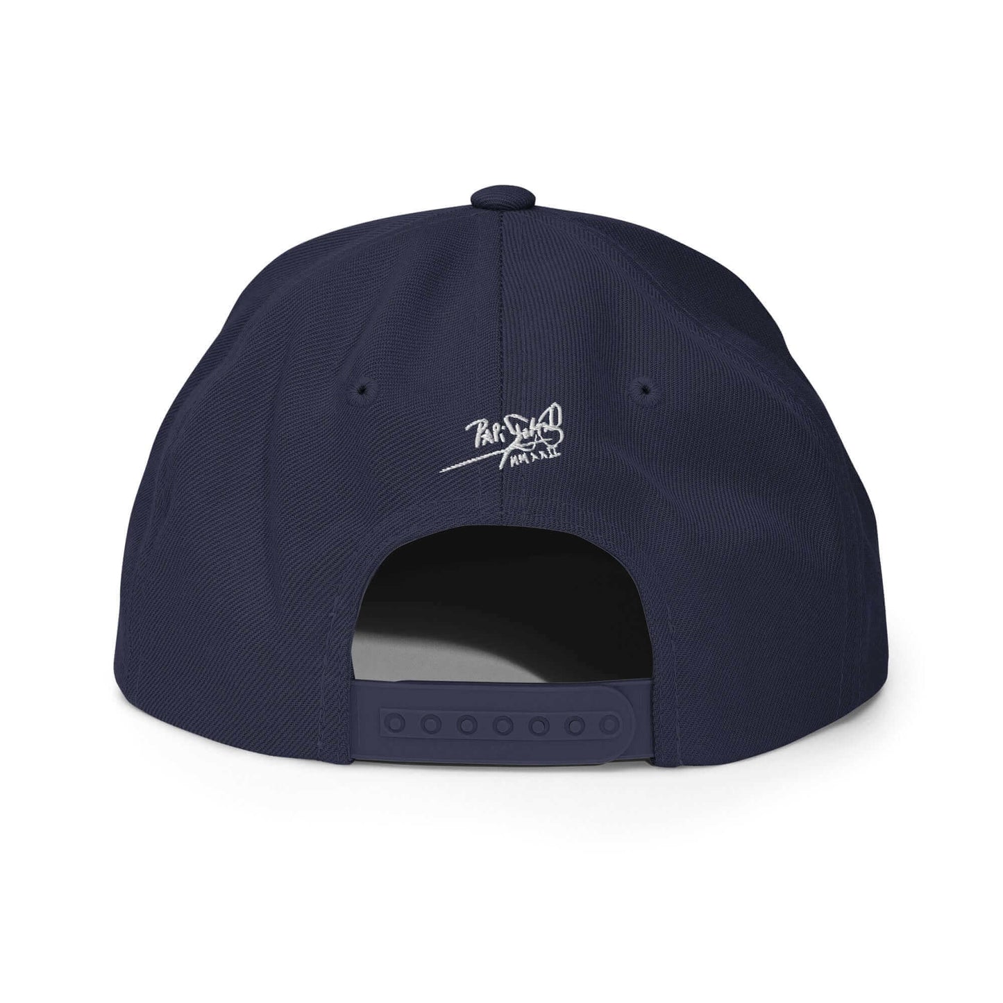 PapiJohn® The Signature High-Crown Snapback premium headwear back view detailing the navy blue classic adjustable snapback fastening and rear structural finish by $arah Free 💎 | Streetwear d'Auteur
