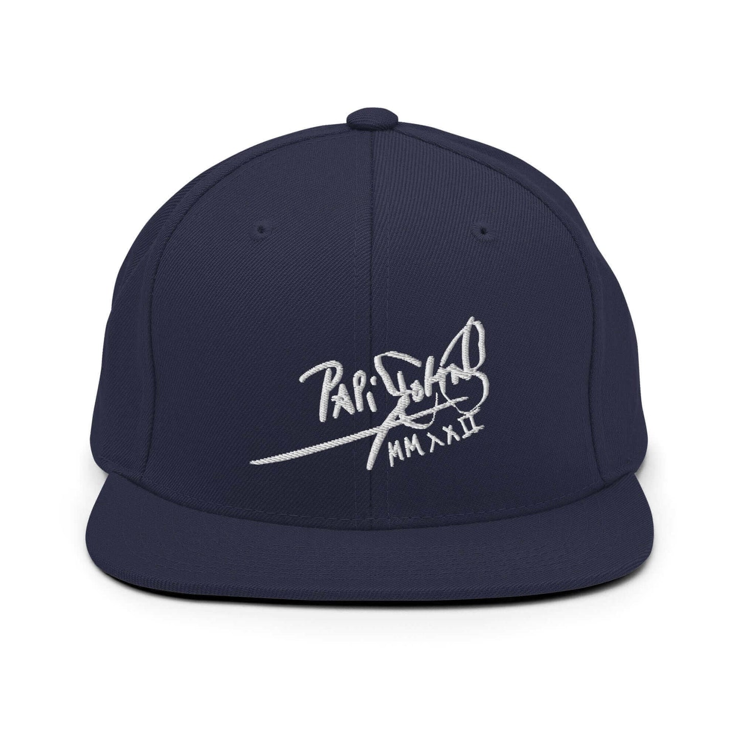 PapiJohn® The Signature High-Crown Snapback premium headwear front view showcasing the white embroidered original signature on a deep navy blue wool blend panels layout by $arah Free 💎 | Artist-Led Streetwear