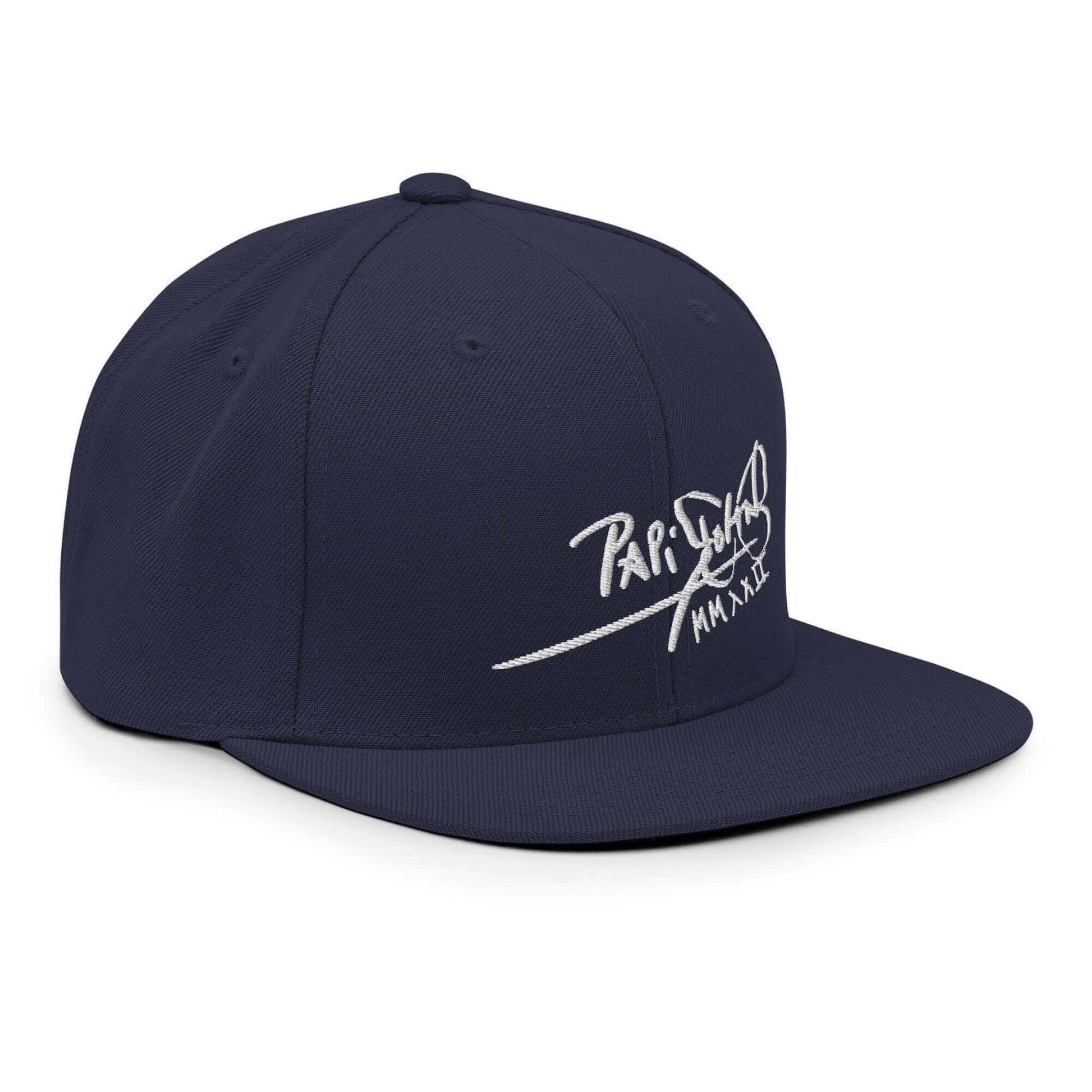 PapiJohn® The Signature High-Crown Snapback premium headwear right side profile highlighting the deep navy textile texture and premium structural curve by $arah Free 💎 | Artist-Led Streetwear