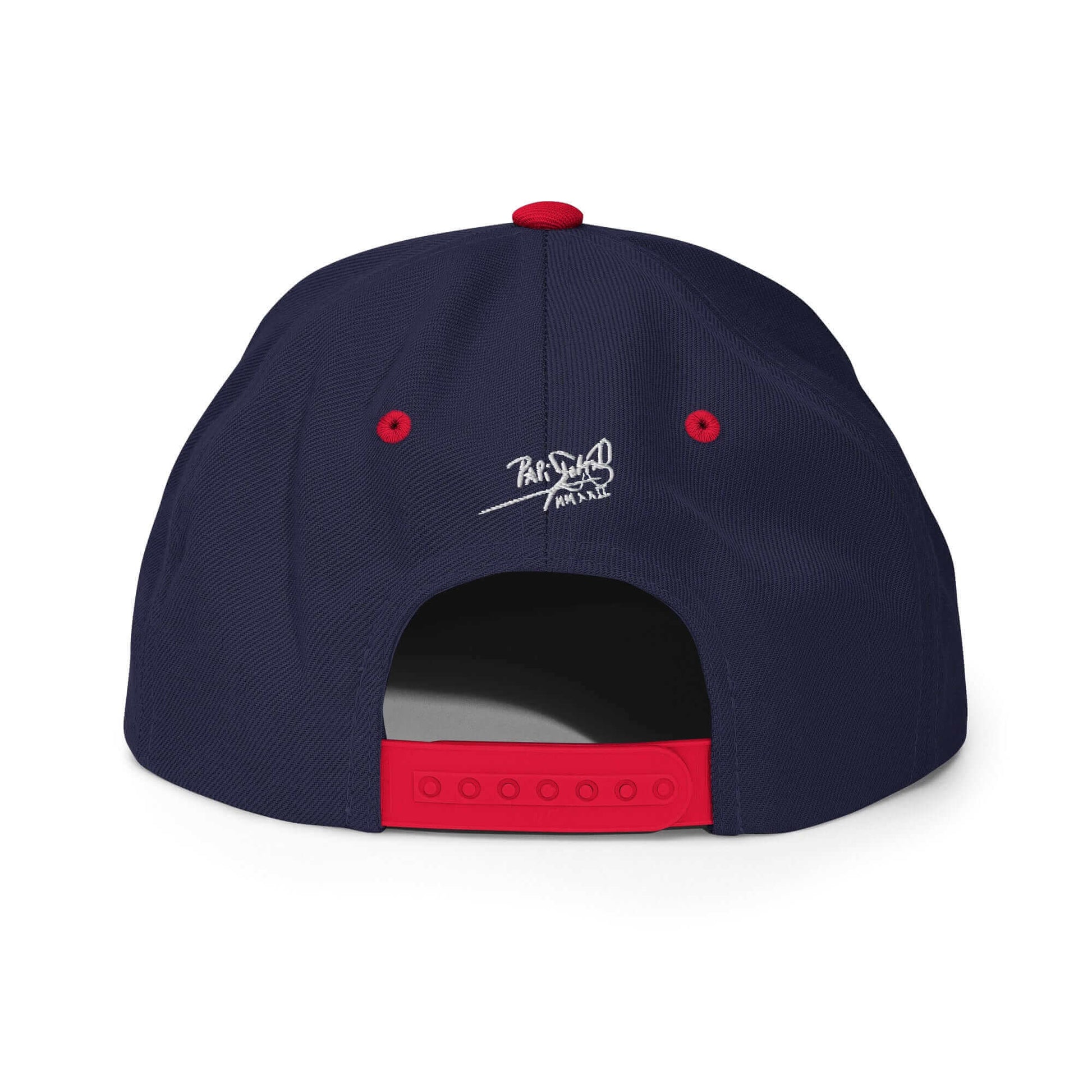 PapiJohn® The Signature High-Crown Snapback premium headwear back view detailing the red adjustable classic snapback closure contrasting against navy panels by $arah Free 💎 | Artist-Driven Streetwear