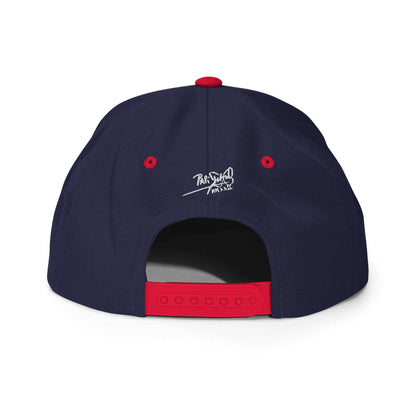 PapiJohn® The Signature High-Crown Snapback premium headwear back view detailing the red adjustable classic snapback closure contrasting against navy panels by $arah Free 💎 | Artist-Driven Streetwear