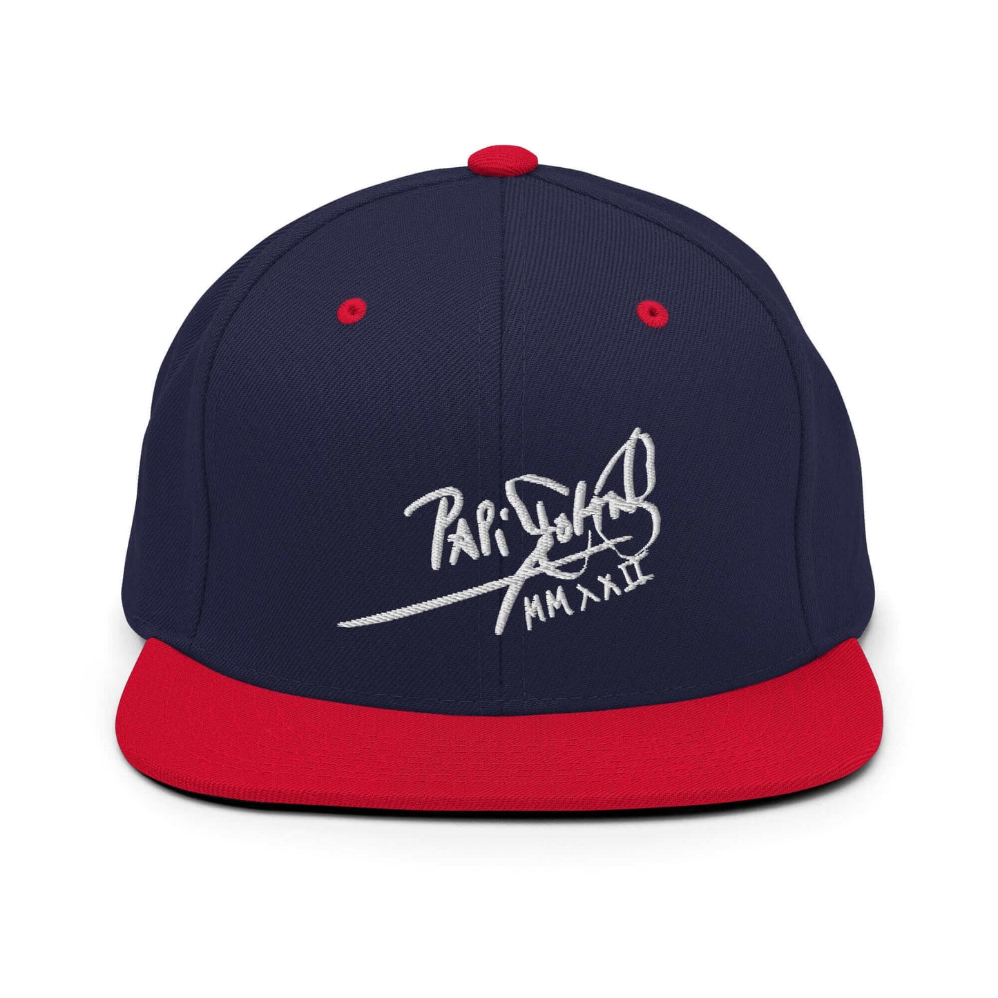 PapiJohn® The Signature High-Crown Snapback premium headwear front view showcasing the white embroidered original signature on a deep navy crown paired with a bold red visor by $arah Free 💎 | Streetwear d'Auteur