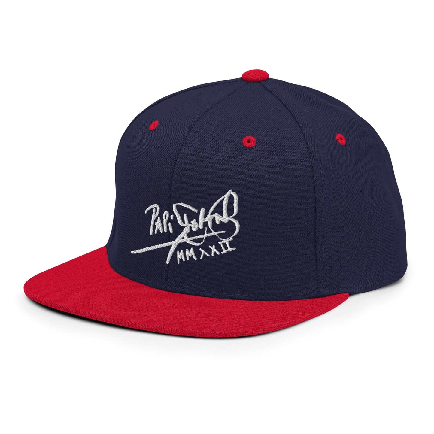 PapiJohn® The Signature High-Crown Snapback premium headwear left side profile showcasing the high-contrast block layout between the navy crown and red brim by $arah Free 💎 | Artist-Led Streetwear