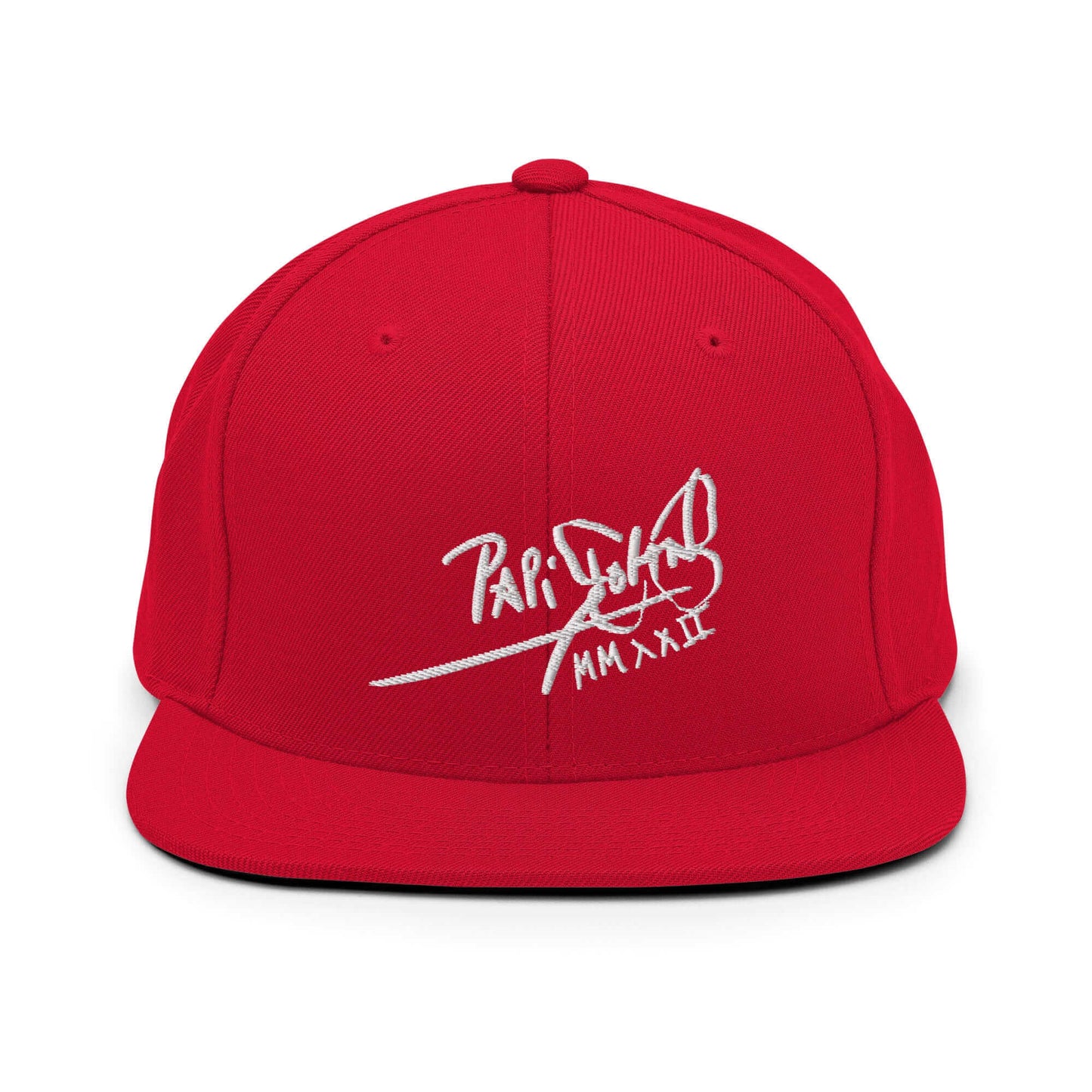 PapiJohn® The Signature High-Crown Snapback premium headwear front view showcasing the clean white embroidered original signature on a solid red high-saturation wool blend canvas by $arah Free 💎 | Artist-Driven Streetwear