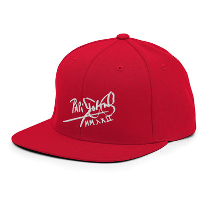 PapiJohn® The Signature High-Crown Snapback premium headwear left side profile focusing on the high-crown red architectural silhouette and raw textile weave by $arah Free 💎 | Streetwear d'Auteur