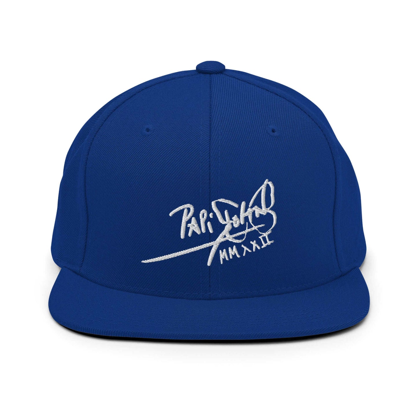 PapiJohn® The Signature High-Crown Snapback premium headwear front view showcasing the sharp white embroidered original signature on a vibrant royal blue wool blend structure by $arah Free 💎 | Artist-Driven Streetwear