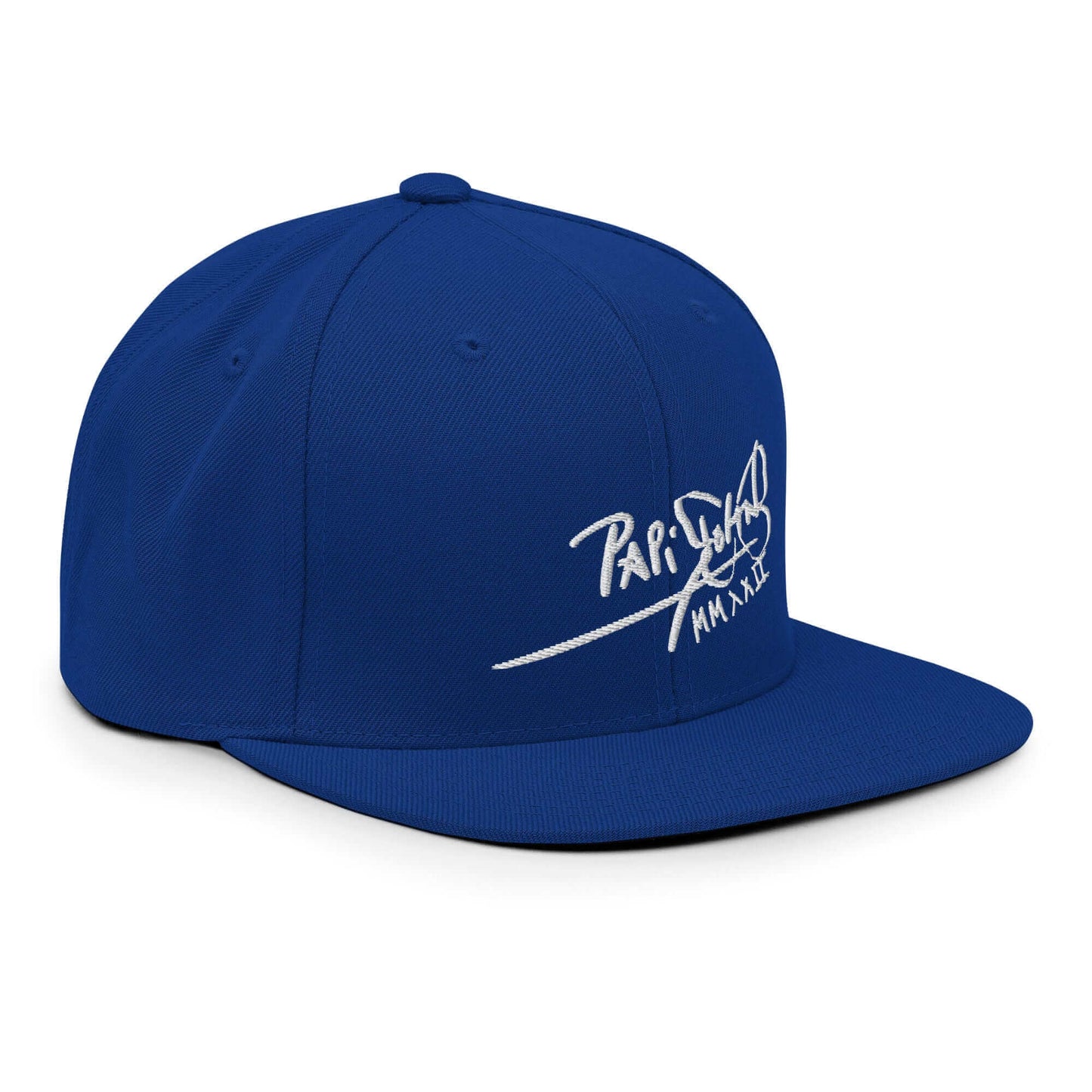 PapiJohn® The Signature High-Crown Snapback premium headwear right side profile highlighting the deep royal blue shade and premium visor curve stitch details by $arah Free 💎 | Artist-Driven Streetwear