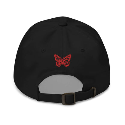 PapiJohn® The Signature Red Butterfly Crown back perspective capturing the clean panel integration lines and premium adjustable slide closure component for tailored structural fit | Artist-Led Streetwear
