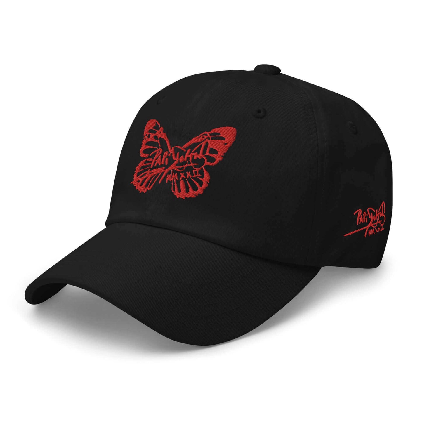 PapiJohn® The Signature Red Butterfly Crown macro close-up showcasing the tight micro stitching tension of the vibrant red thread butterfly design by $arah Free 💎 | High-End Subcultural Archive