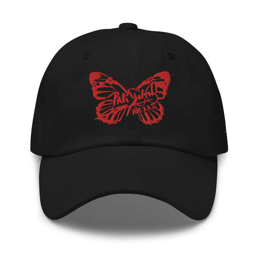 PapiJohn® The Signature Red Butterfly Crown structured canvas front view highlighting the signature butterfly motif embroidered in deep high-density crimson red thread | Sala 1 Wearable Art Fashion