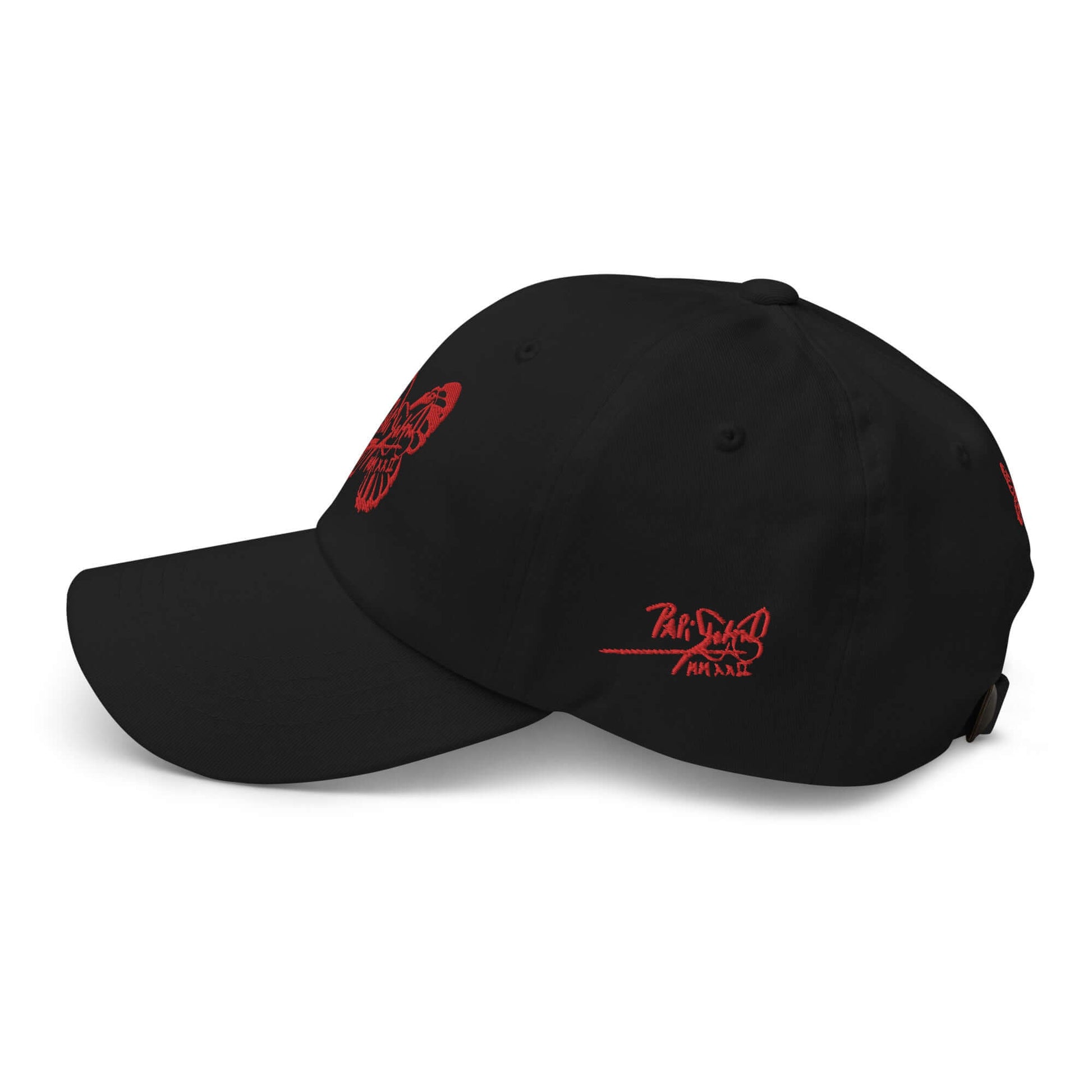 PapiJohn® The Signature Red Butterfly Crown left side profile view rendering the ergonomic crown elevation curvature and pristine curved brim edge outline | Streetwear d'Auteur