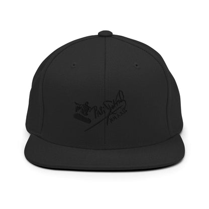 PapiJohn® The Skate Archive Signature Snapback in solid black front layout showcasing the dark-on-dark contrast of the volumetric black thread skate illustration | Sala 1 Wearable Art Fashion