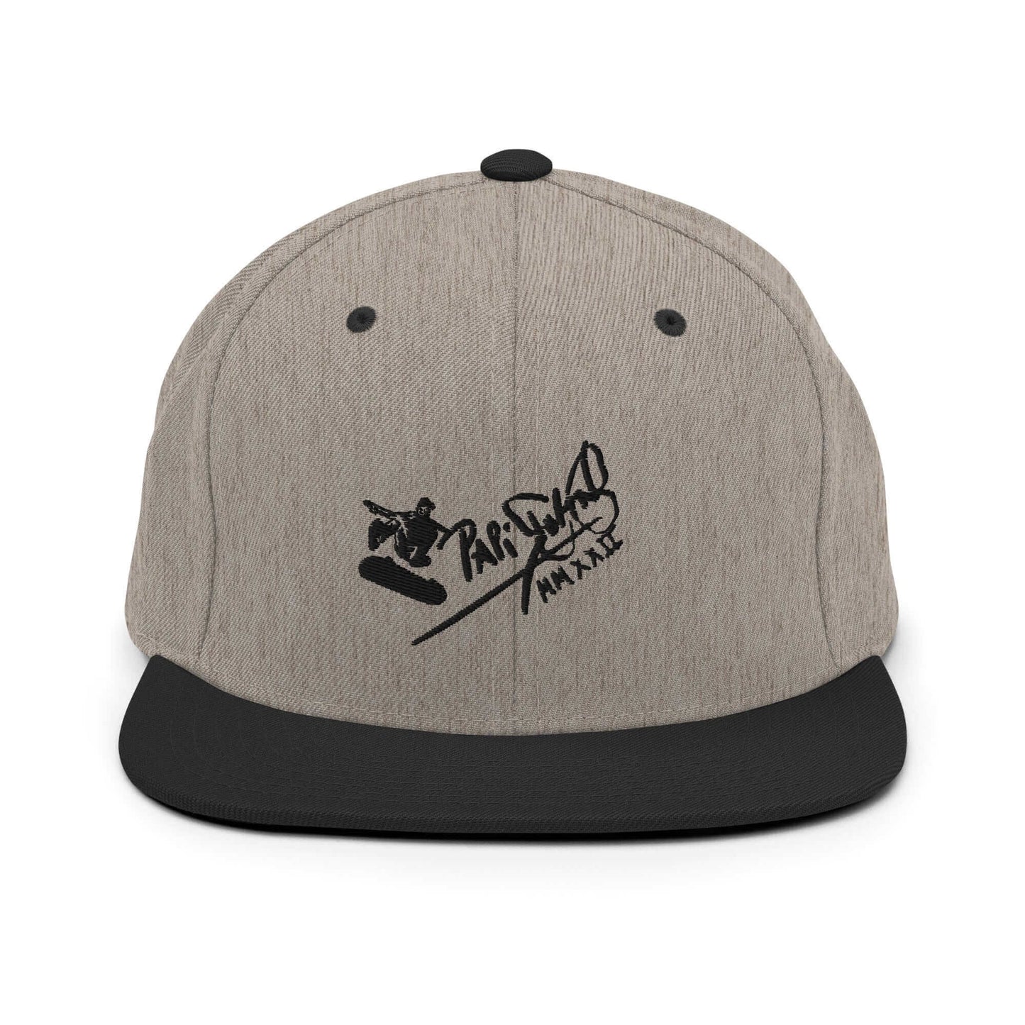PapiJohn® The Skate Archive Signature Snapback in black heather textured weave front view tracing the black skate jump sketch over the curated grain matrix | Sala 1 Wearable Art Fashion