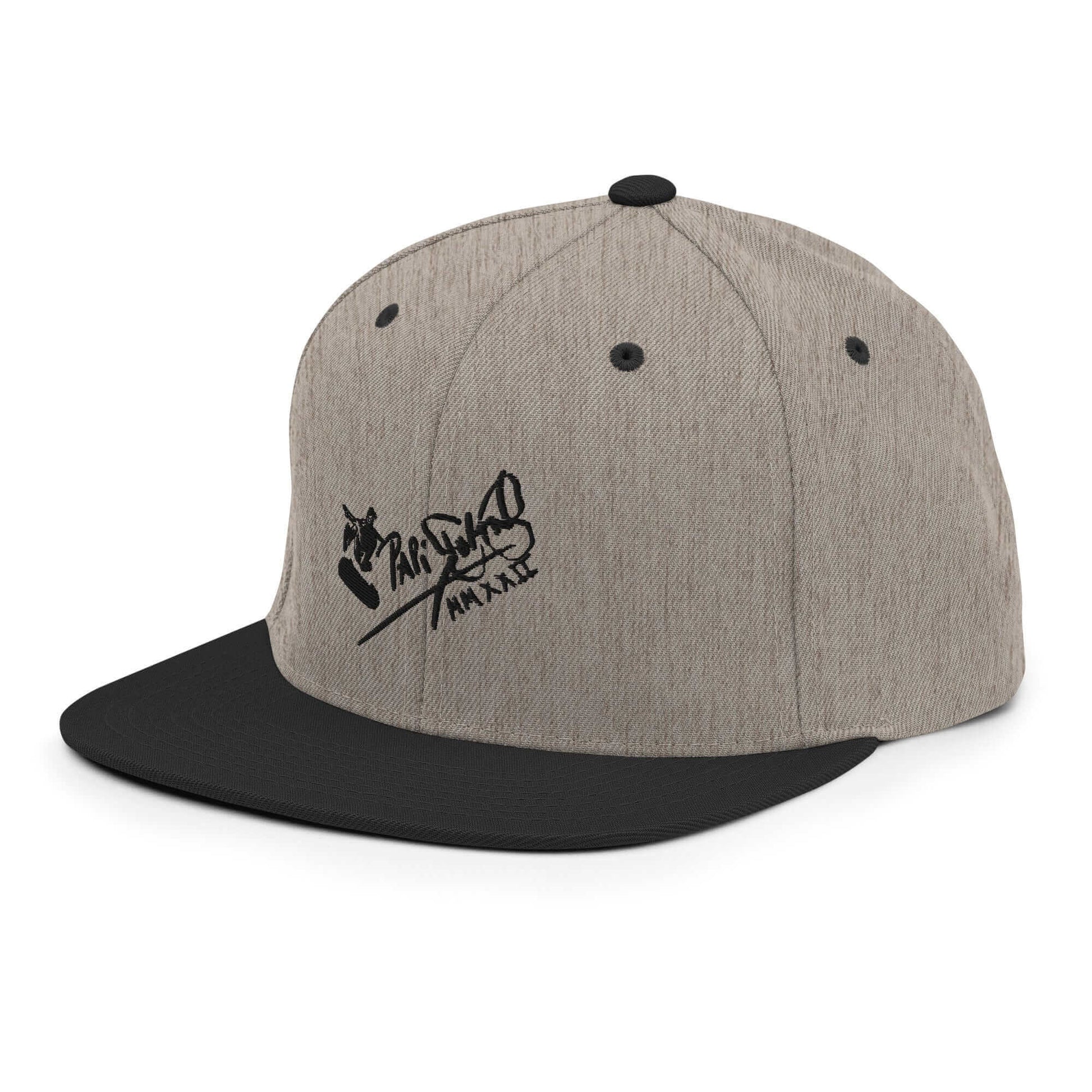 PapiJohn® The Skate Archive Signature Snapback in black heather left side macro view detailing individual wool-blend lines by $arah Free 💎 | High-Tier Archive