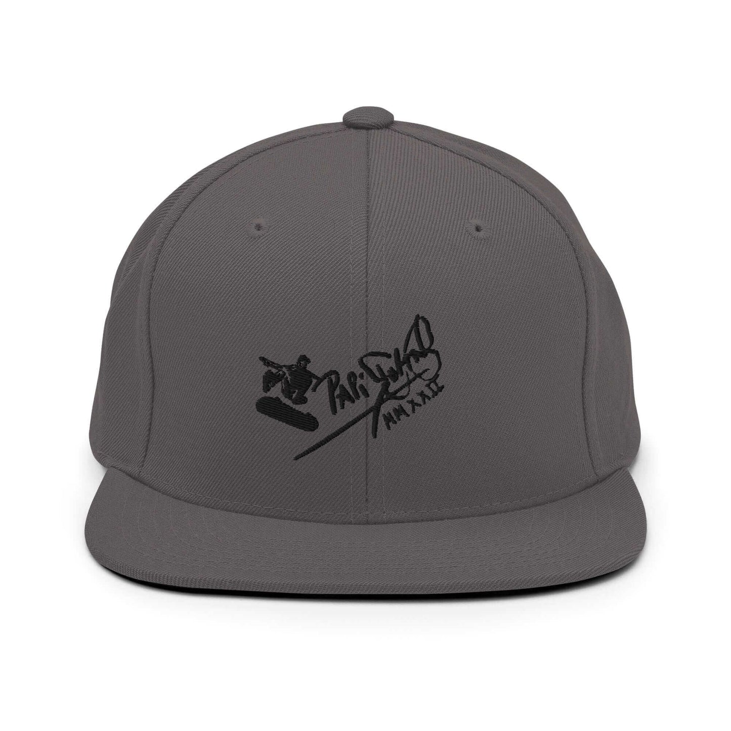 PapiJohn® The Skate Archive Signature Snapback in industrial dark grey front view tracking the deep black high-density tridimensional stitch layout | Sala 1 Wearable Art Fashion