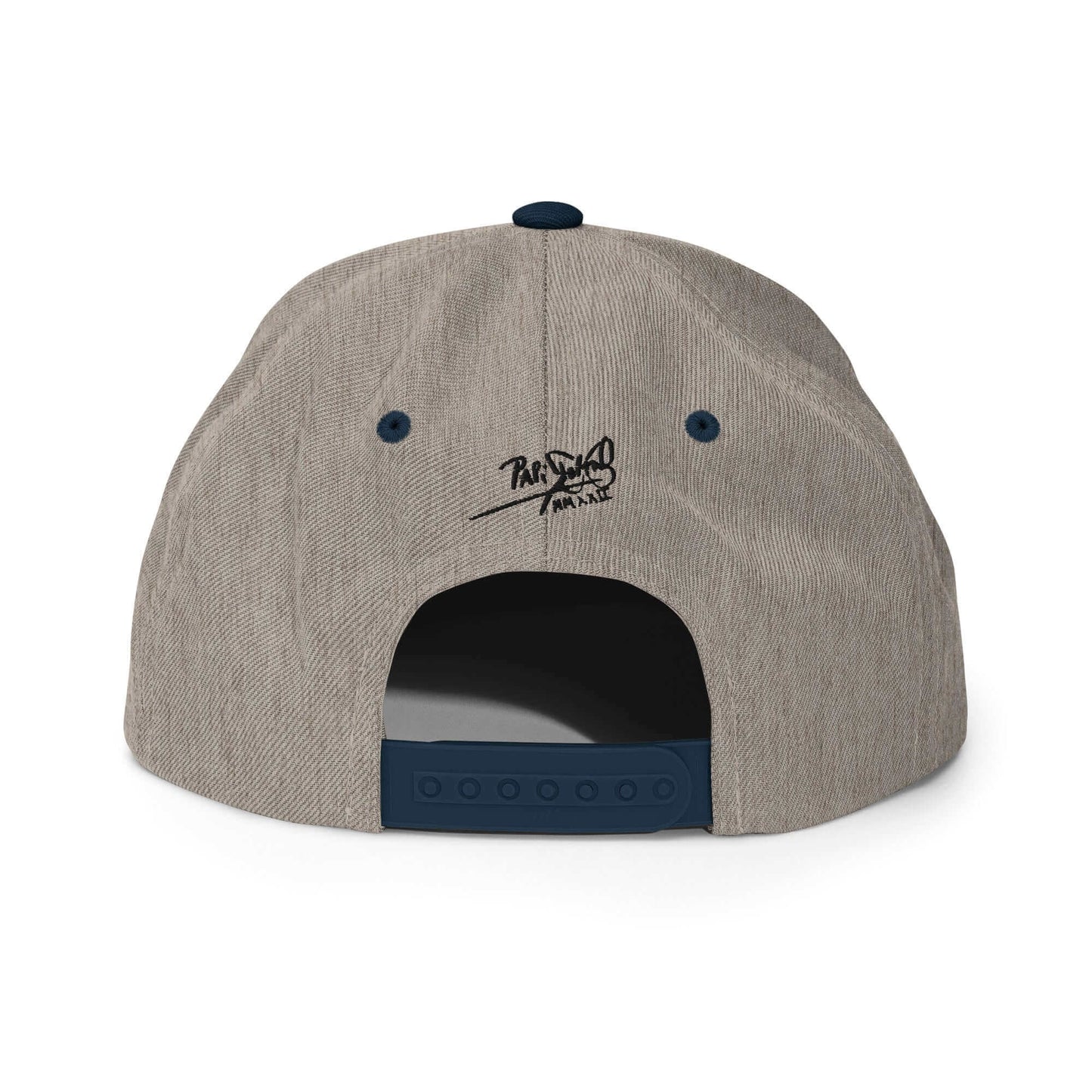 PapiJohn® The Skate Archive Signature Snapback in grey and navy back layout tracing the premium panel adjustment system and neat stitching | Artist-Led Streetwear