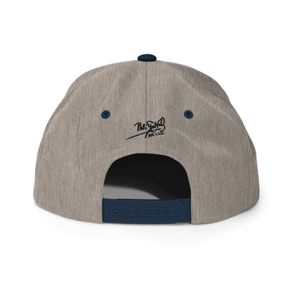 PapiJohn® The Skate Archive Signature Snapback in grey and navy back layout tracing the premium panel adjustment system and neat stitching | Artist-Led Streetwear
