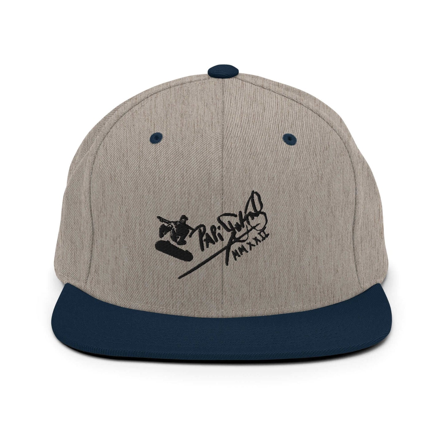 PapiJohn® The Skate Archive Signature Snapback in grey and navy dual-tone panel front view accentuating the black 3D embroidery structure | Sala 1 Wearable Art Fashion
