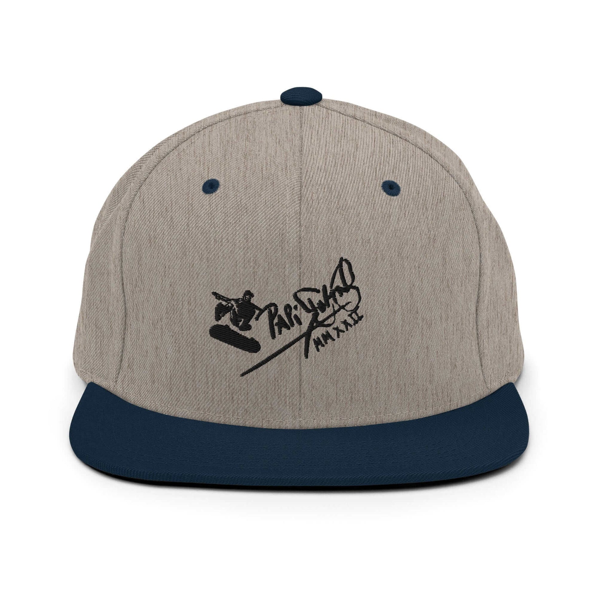 PapiJohn® The Skate Archive Signature Snapback in grey and navy dual-tone panel front view accentuating the black 3D embroidery structure | Sala 1 Wearable Art Fashion