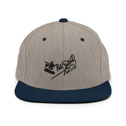 PapiJohn® The Skate Archive Signature Snapback in grey and navy dual-tone panel front view accentuating the black 3D embroidery structure | Sala 1 Wearable Art Fashion