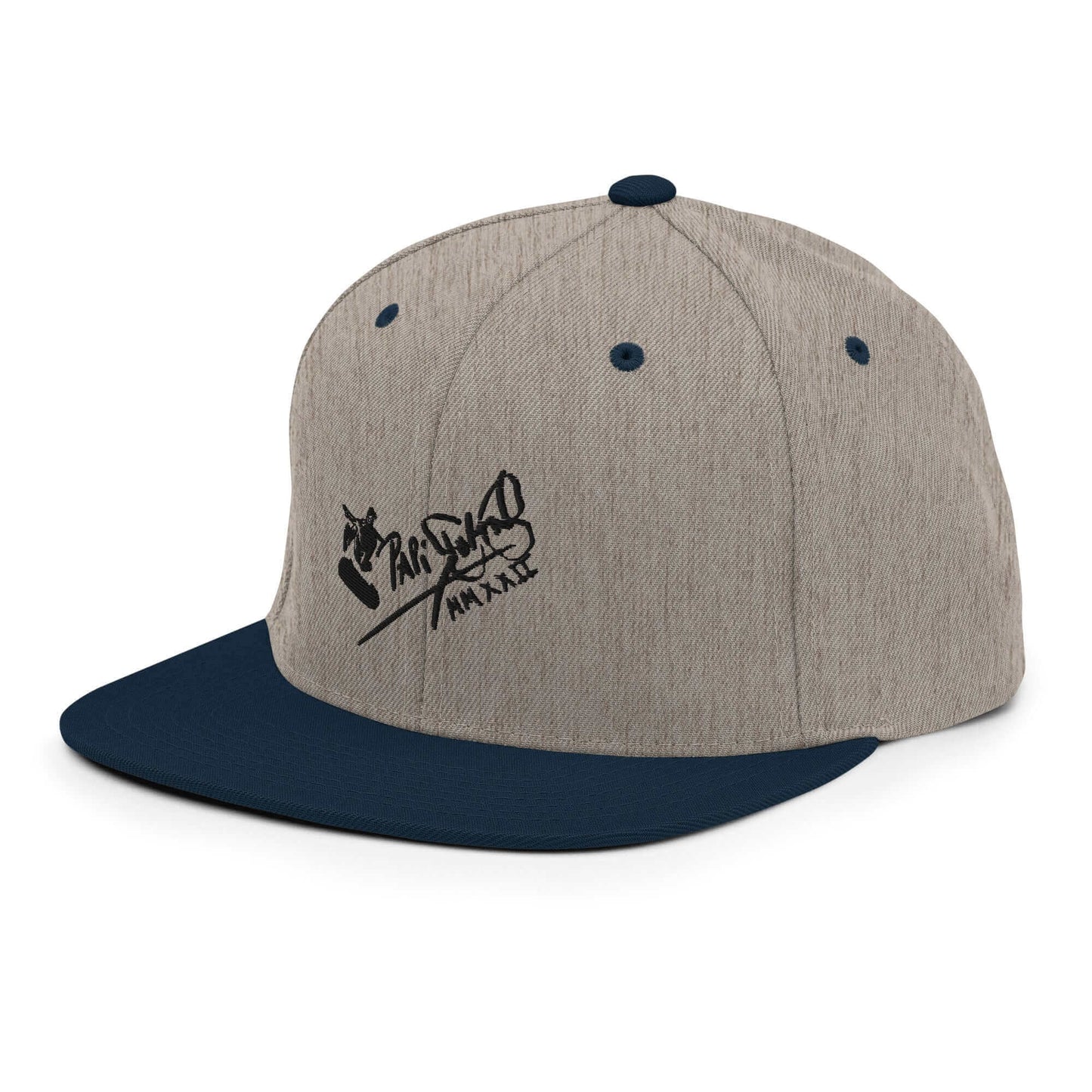 PapiJohn® The Skate Archive Signature Snapback in grey and navy left side close-up showcasing multi-panel weave texture by $arah Free 💎 | High-Tier Archive