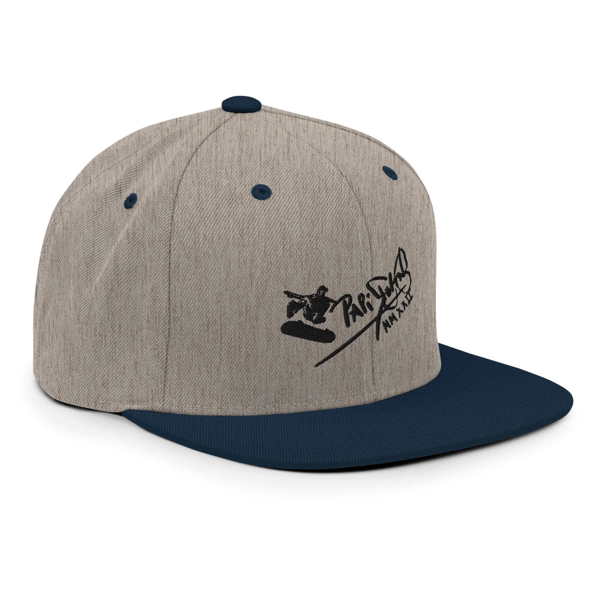 PapiJohn® The Skate Archive Signature Snapback in grey and navy right profile framing the rigid high crown architecture and clean flat brim | Streetwear d'Auteur